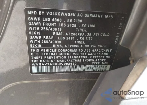 2012 Volkswagen Tiguan S/Se/Sel z USA, uszkodzony, nr VIN WVGAV7AX6CW002682